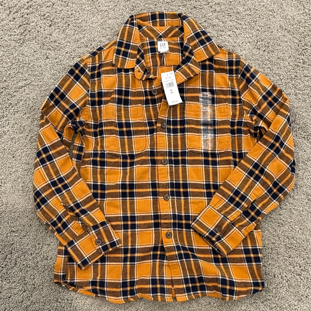 GAP Kids Mustard Yellow and Navy Plaid Button Down Shirt